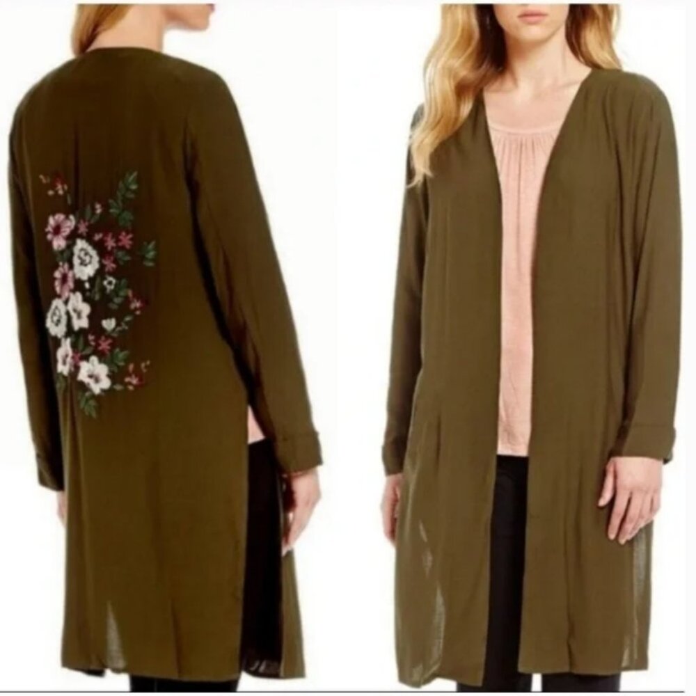 Gibson Latimer Olive Green Floral Embroidered  Kimono Jacket Duster Coat Size S